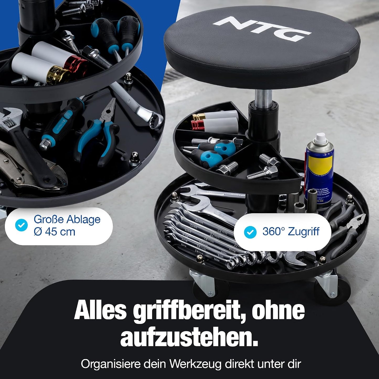 Höhenverstellbarer Werkstatthocker mit Rollen