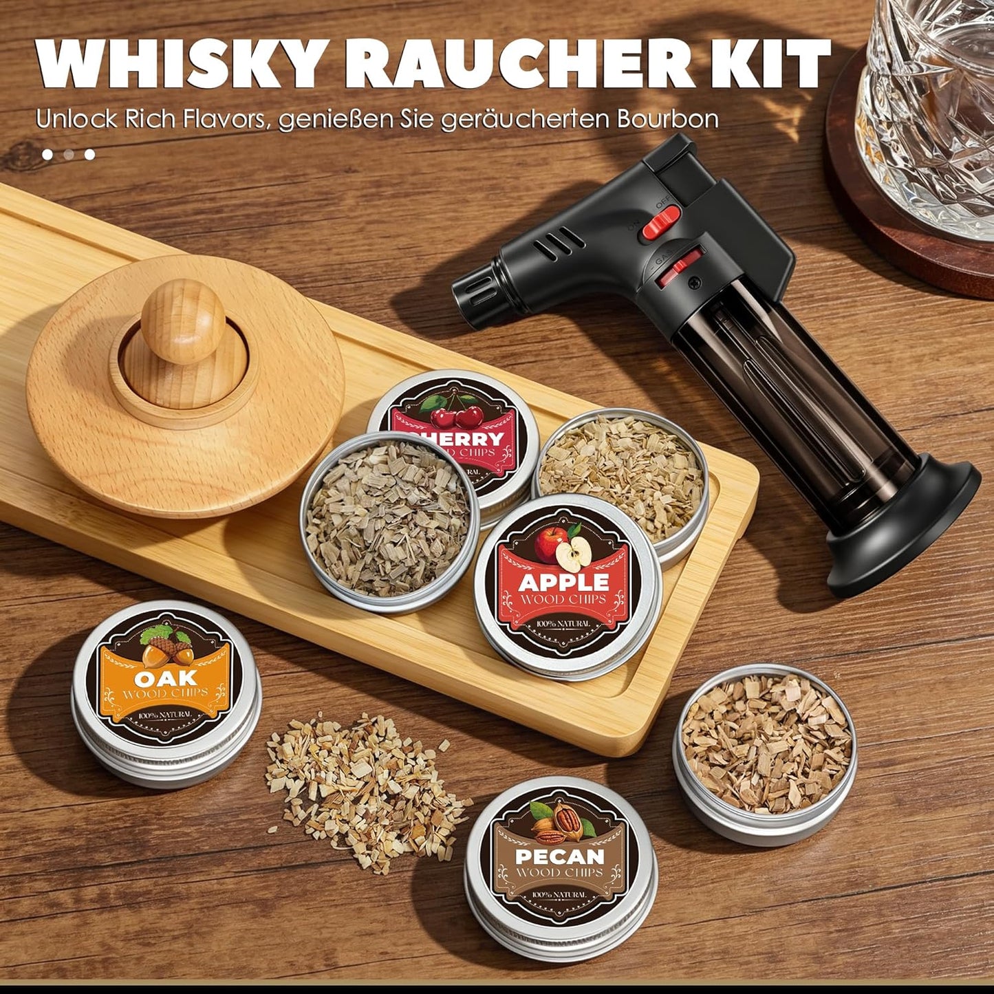 Whisky Räucher-Set mit Brenner und 4 Aromen