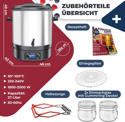 Einkochautomat mit Timer und Abschaltautomatik, 27 Liter Edelstahl