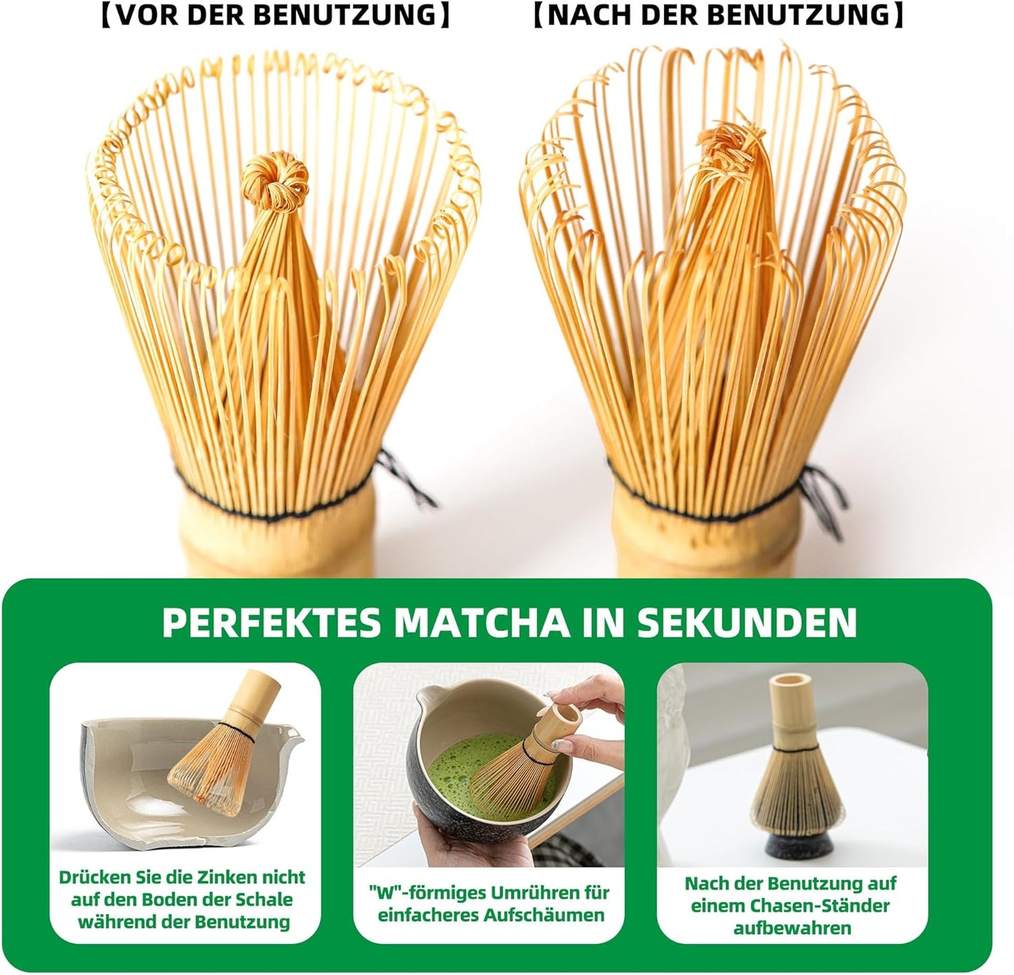 Matcha-Schneebesen-Set, Grün