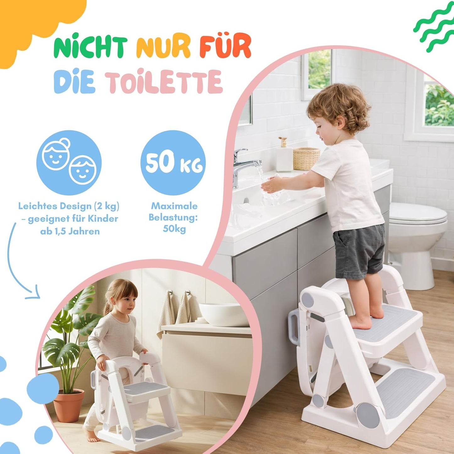 Höhenverstellbarer Toilettentrainer mit Treppe, Grau