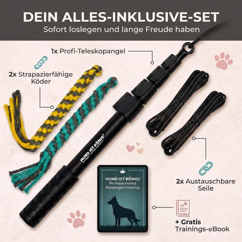 Reizangel-Set für Hunde, Reizangel 151cm + Seile 140cm Schwarz