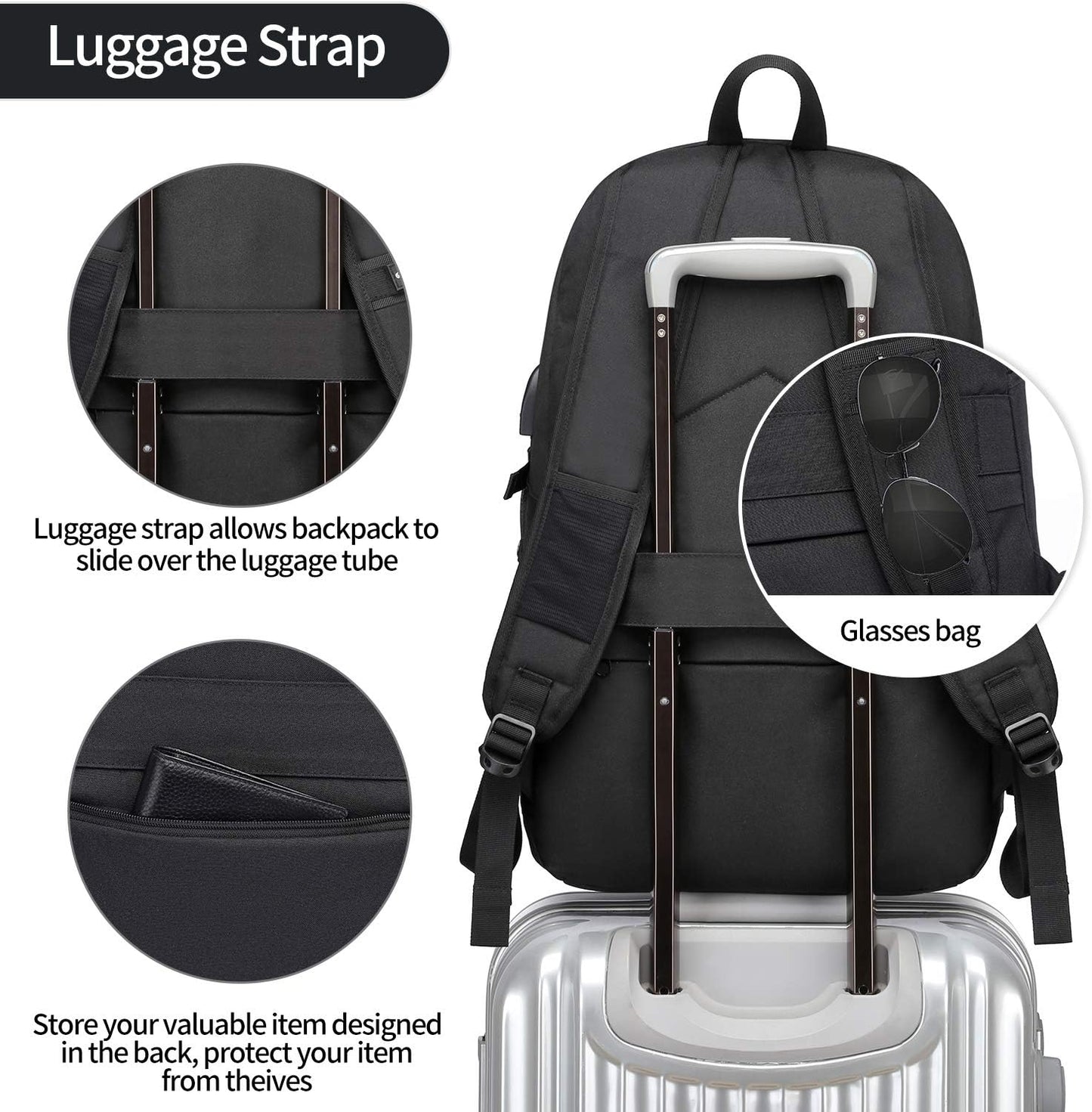 Laptop-Rucksack mit USB-Port, Gepäckgurt, 17 Zoll Schwarz-1