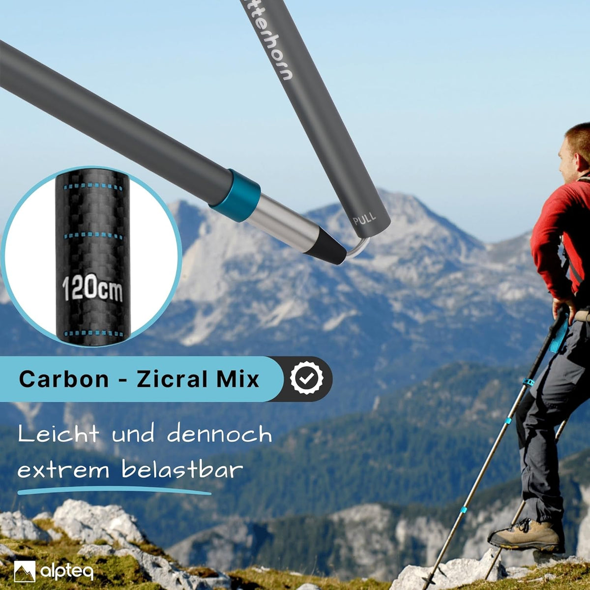 Faltbare Trekkingstöcke, Carbon Zicral 110-130 cm | Blue Teal