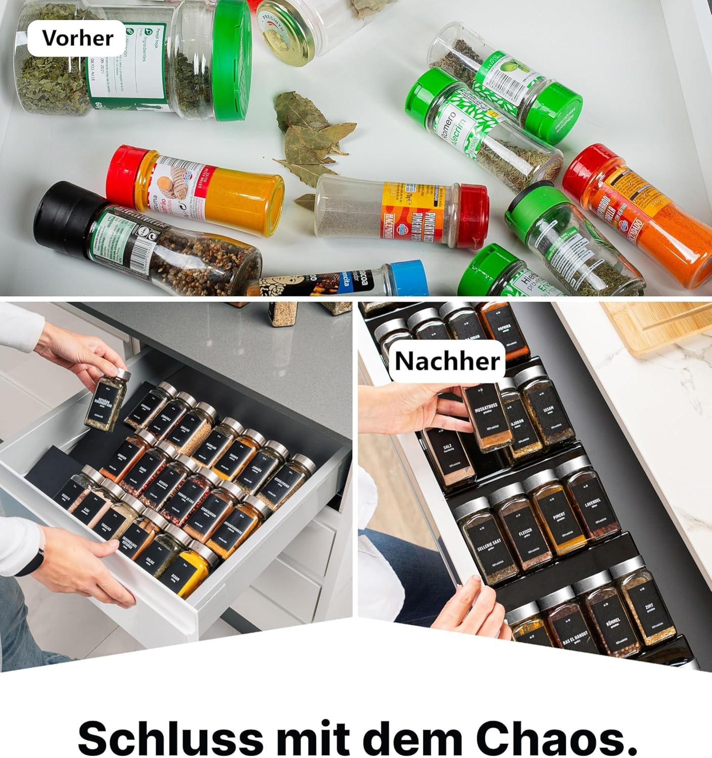 Gewürzgläser-Set mit Schubladeneinsatz, 24 Stk, aus Teilen, Schwarz, Deckel Edelstahl