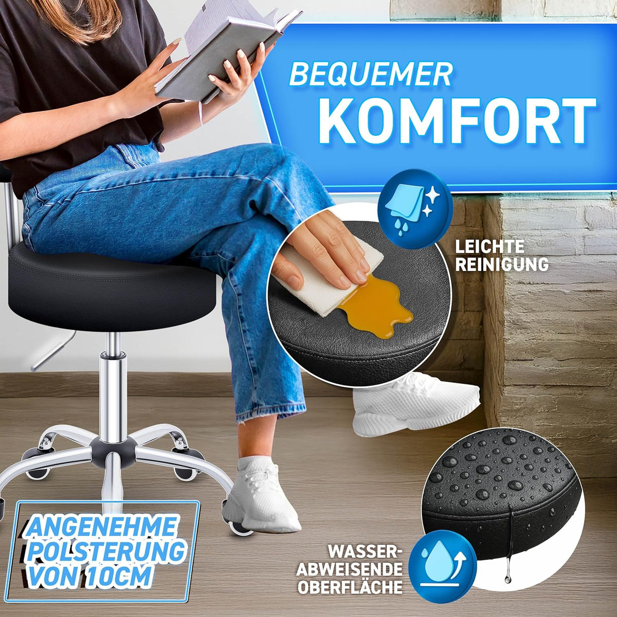 Höhenverstellbarer Rollhocker mit Lehne, Schwarz