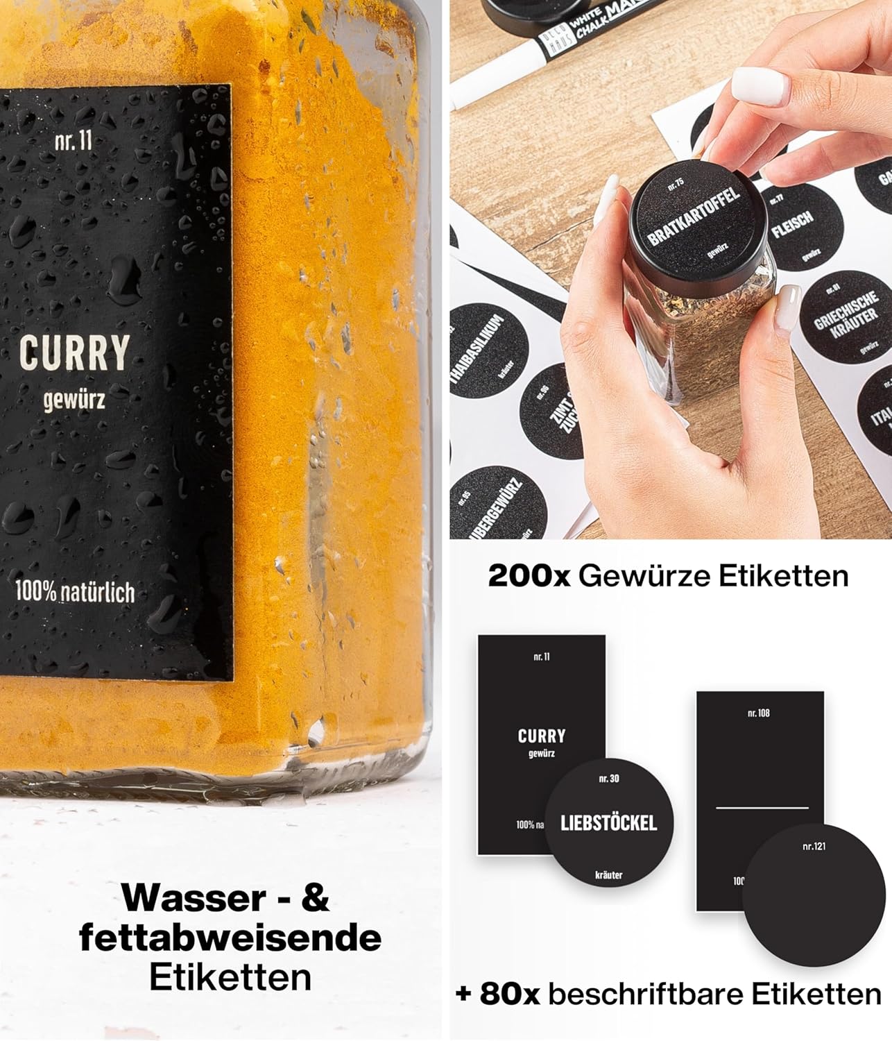 36er-Set Gewürzgläser mit 280 Etiketten, Stift, Reinigungsbürste & Trichter, 36er Set - Schwarz deckel