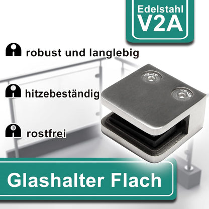 Glashalter Set für Treppengeländer (4 Stück), Anschluss: FLACH | Glasdicke: 6,76mm
