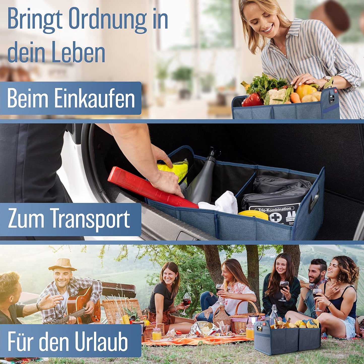 Faltbare Kofferraumtasche mit Anti-Rutsch-Klett, Blau
