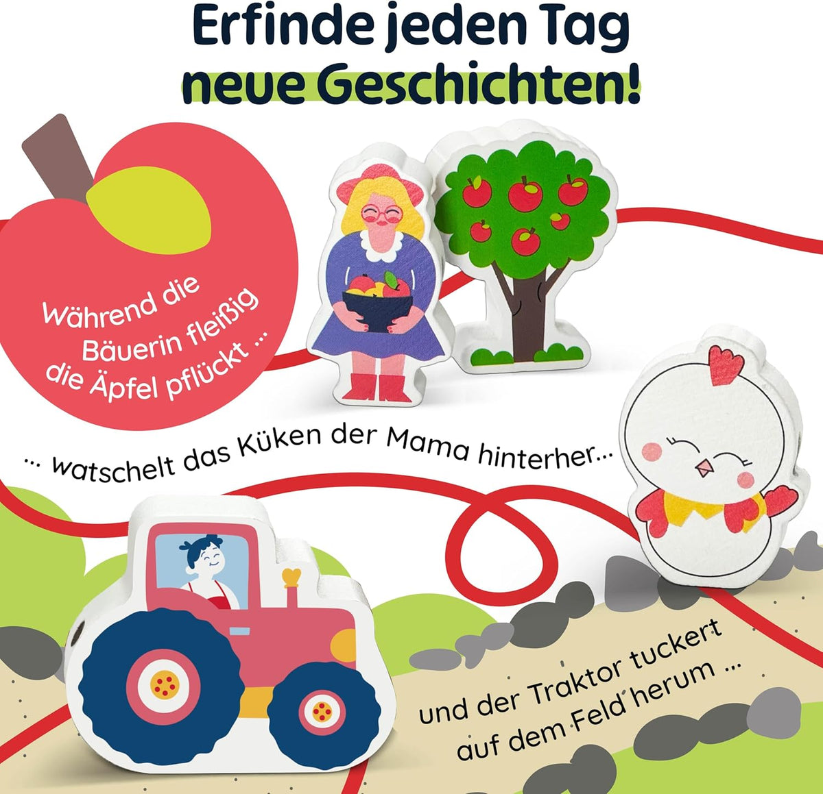 Fädelspiel Bauernhof mit Holzfiguren und Spielbrett