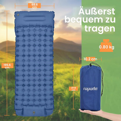 Selbstaufblasbare Isomatte mit Kissen und Fusspumpe, Blau 196 x 68 x 8 cm