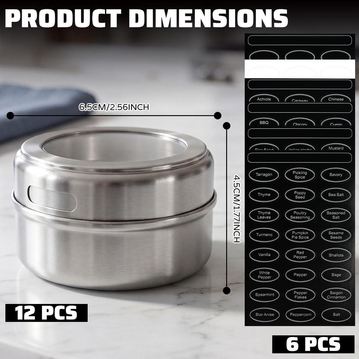 Magnetische Gewürzgläser, 12 Stück, inkl. Aufkleber