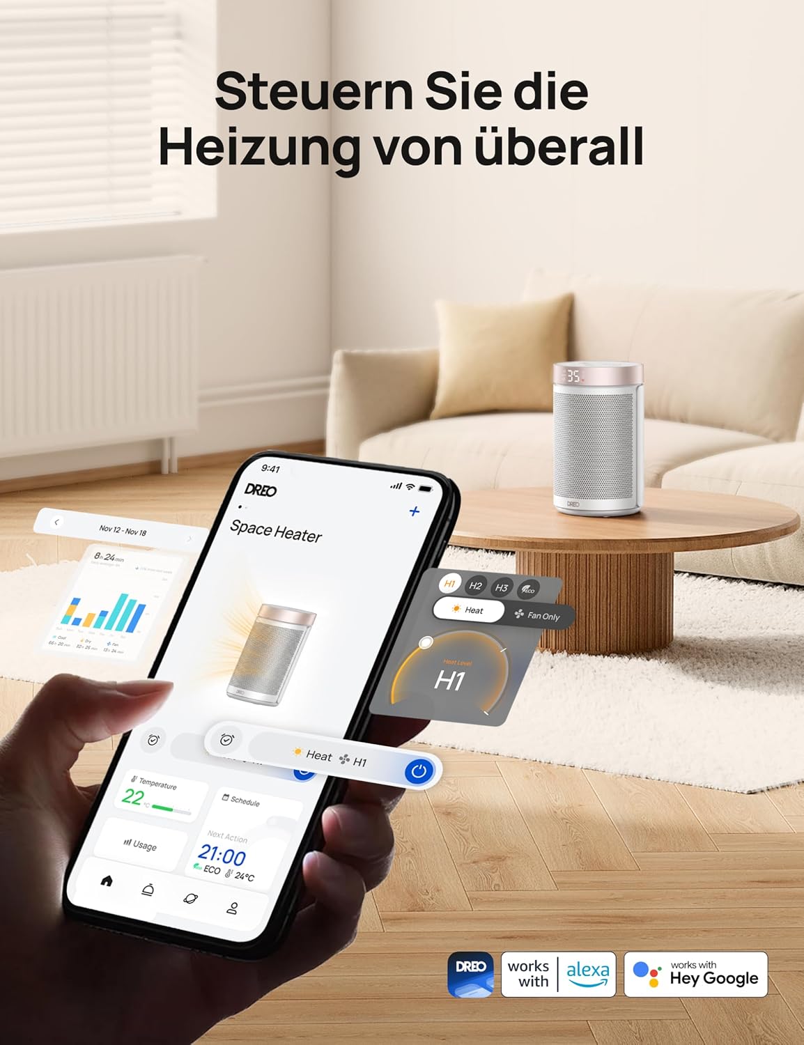 Heizlüfter mit Thermostat, Weiss WLAN