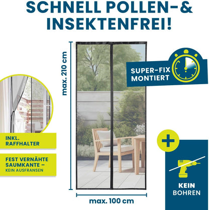 Insekten- & Pollenschutzvorhang mit Magnetbändern, 100 x 210 cm Schwarz mit Pollenschutz