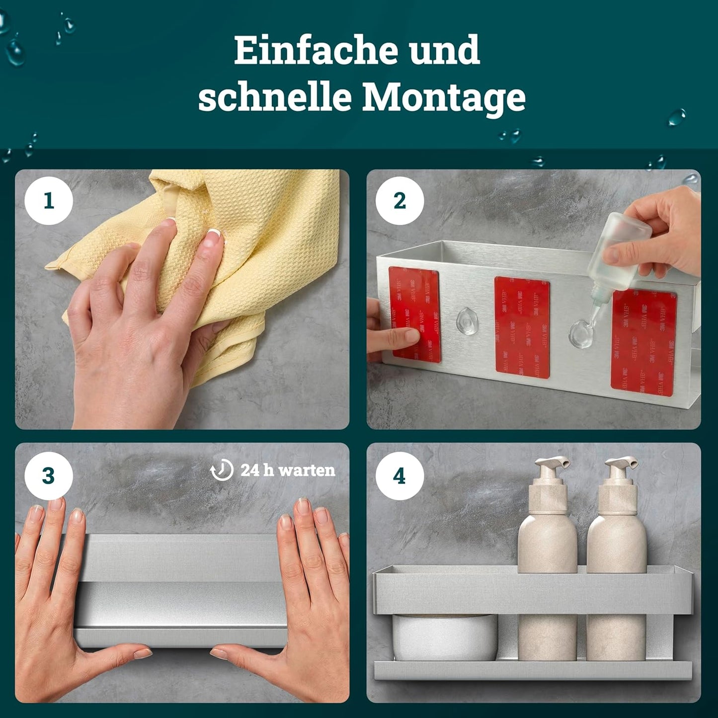 Duschablage ohne Bohren mit Haken & Ablaufrillen, Edelstahl Gebürstet
