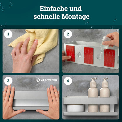 Duschablage ohne Bohren mit Haken & Ablaufrillen, Edelstahl Gebürstet