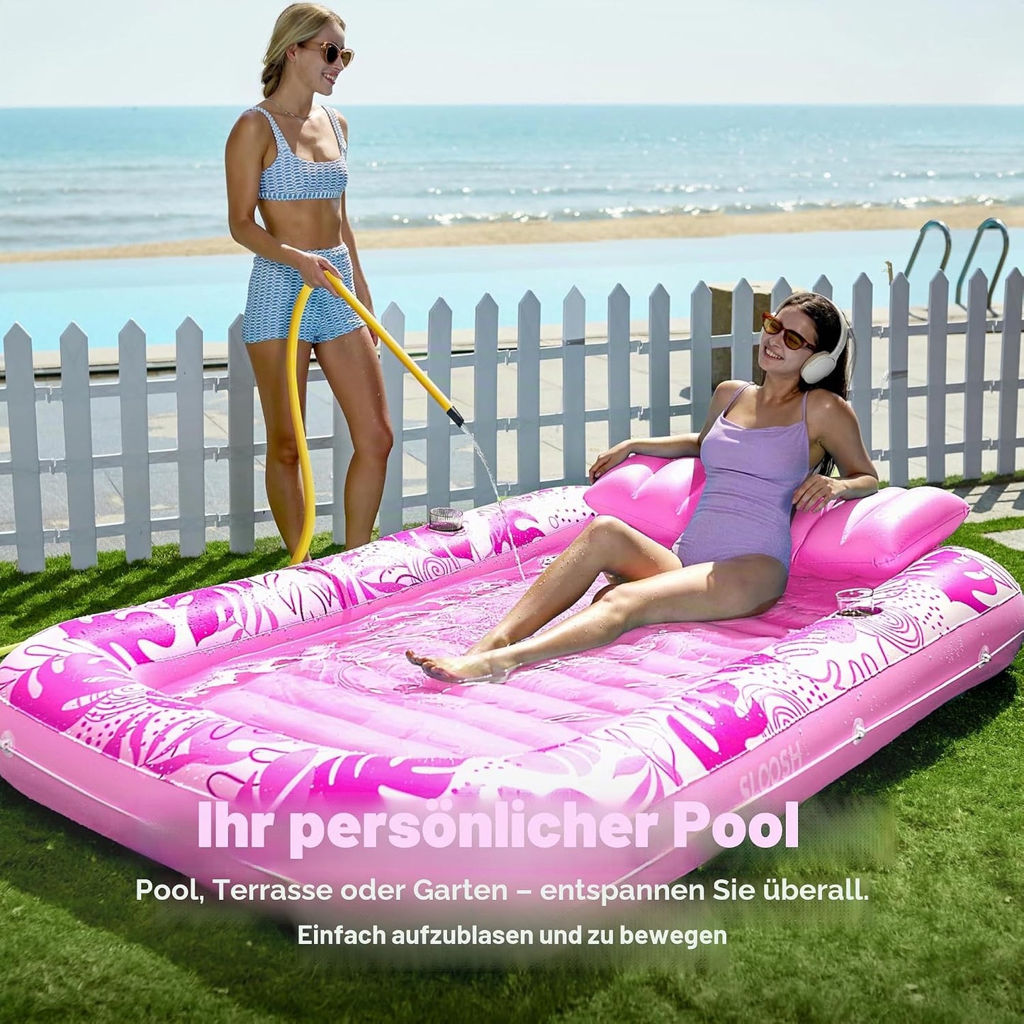 Aufblasbarer 4-in-1 Sonnenliegepool mit Kissen und Getränkehalter, Rosa XL