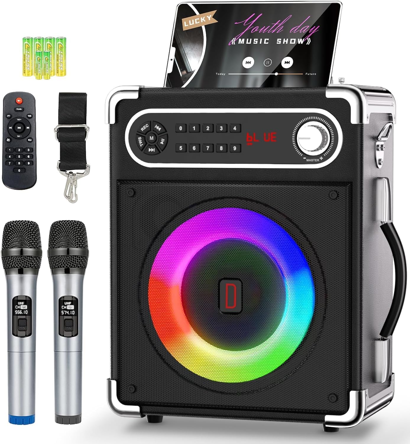 Karaoke-Maschine mit 2 kabellosen Mikrofonen, Schwarz