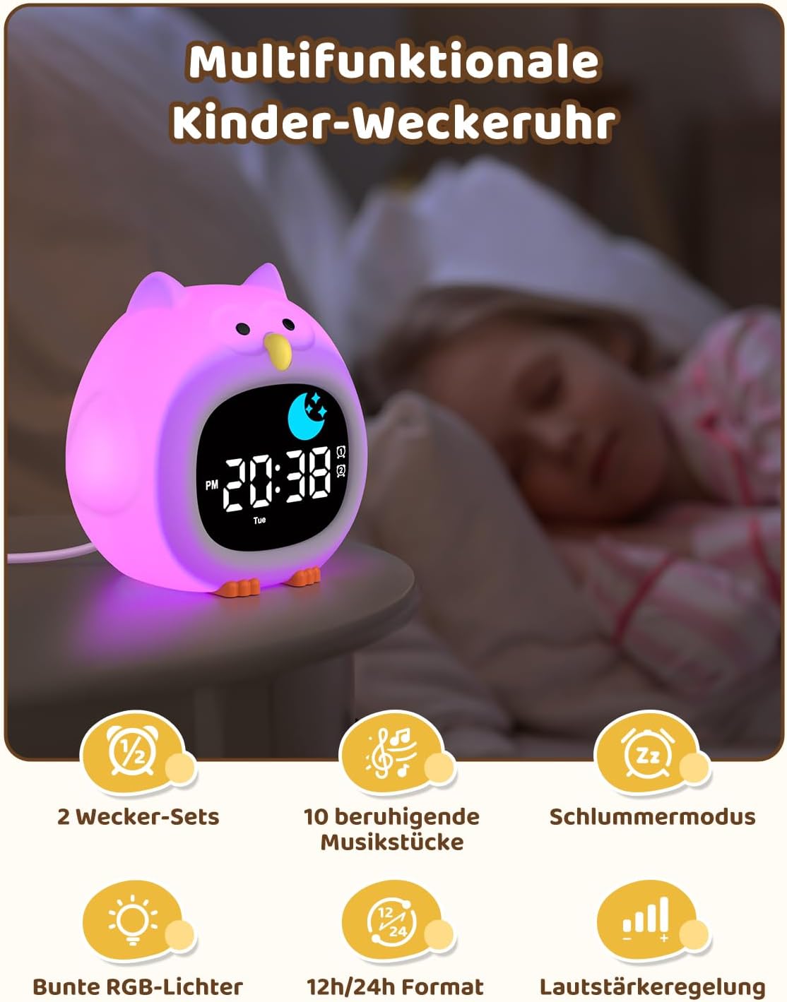 Kinderwecker mit RGB Nachtlicht, Eule