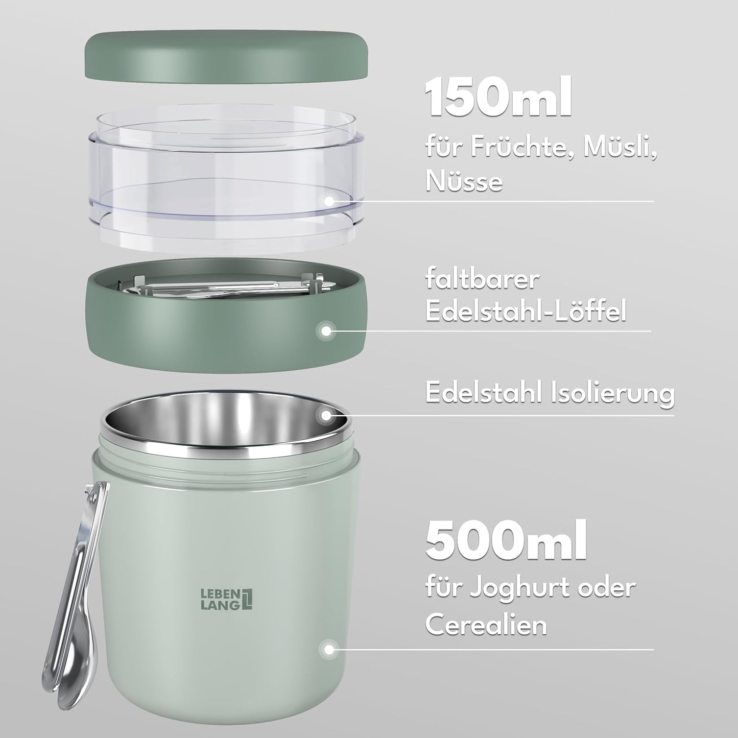 Müslibecher To Go mit Löffel, Mint 500ml + 150ml