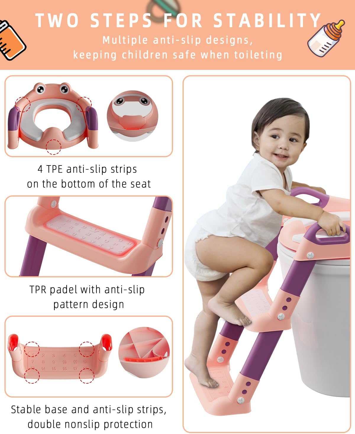 Toilettensitz mit Treppe, Frosch/Rosa