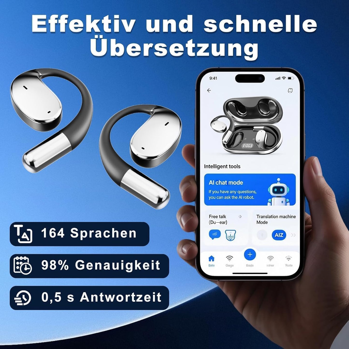 AI Übersetzer-Kopfhörer ‎YYK-Q39 mit 164 Sprachen, 6 Modi, A-Schwarz