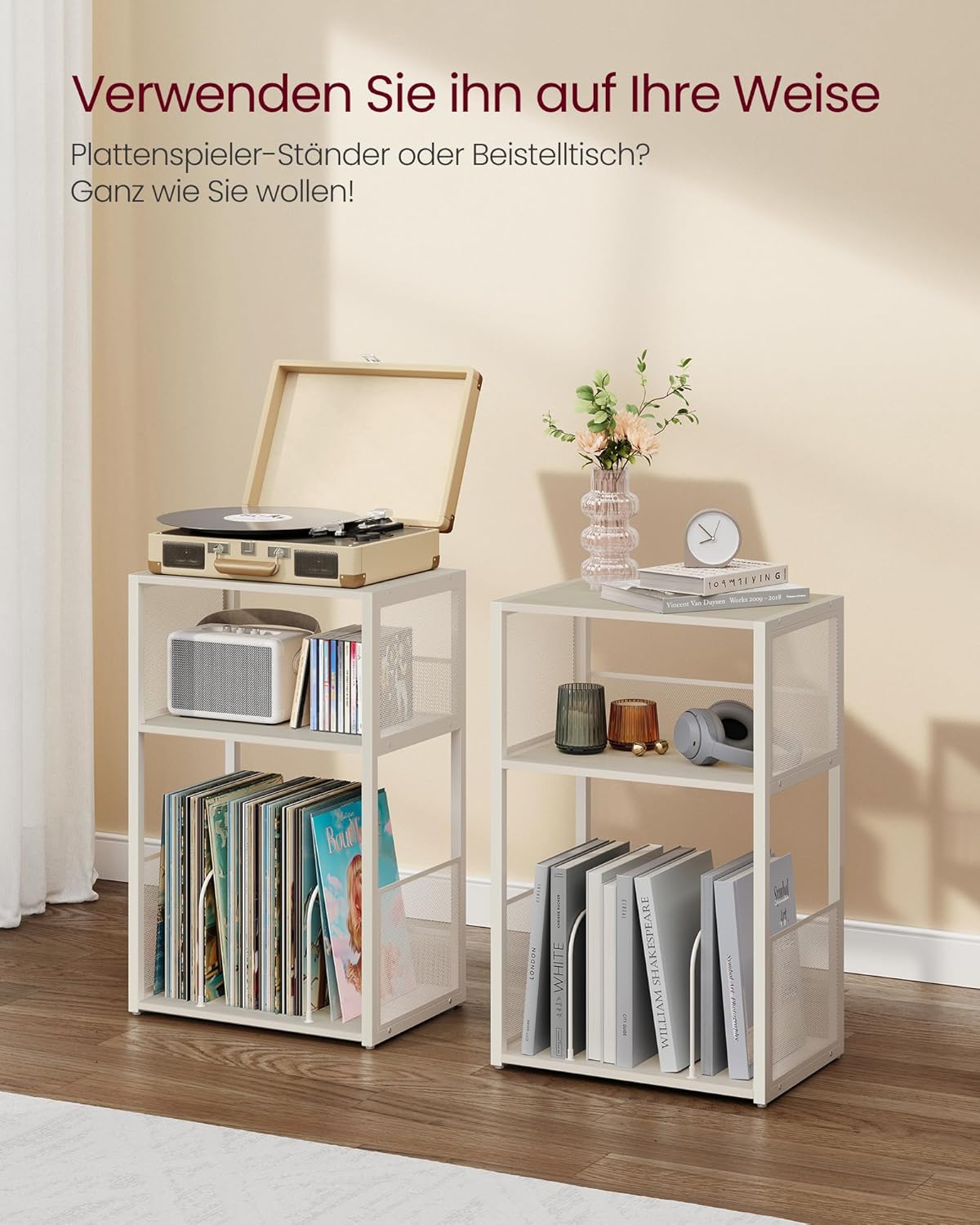 Plattenspieler-Ständer mit 3 Etagen für 100 Alben, Vintageweiss Standardversion