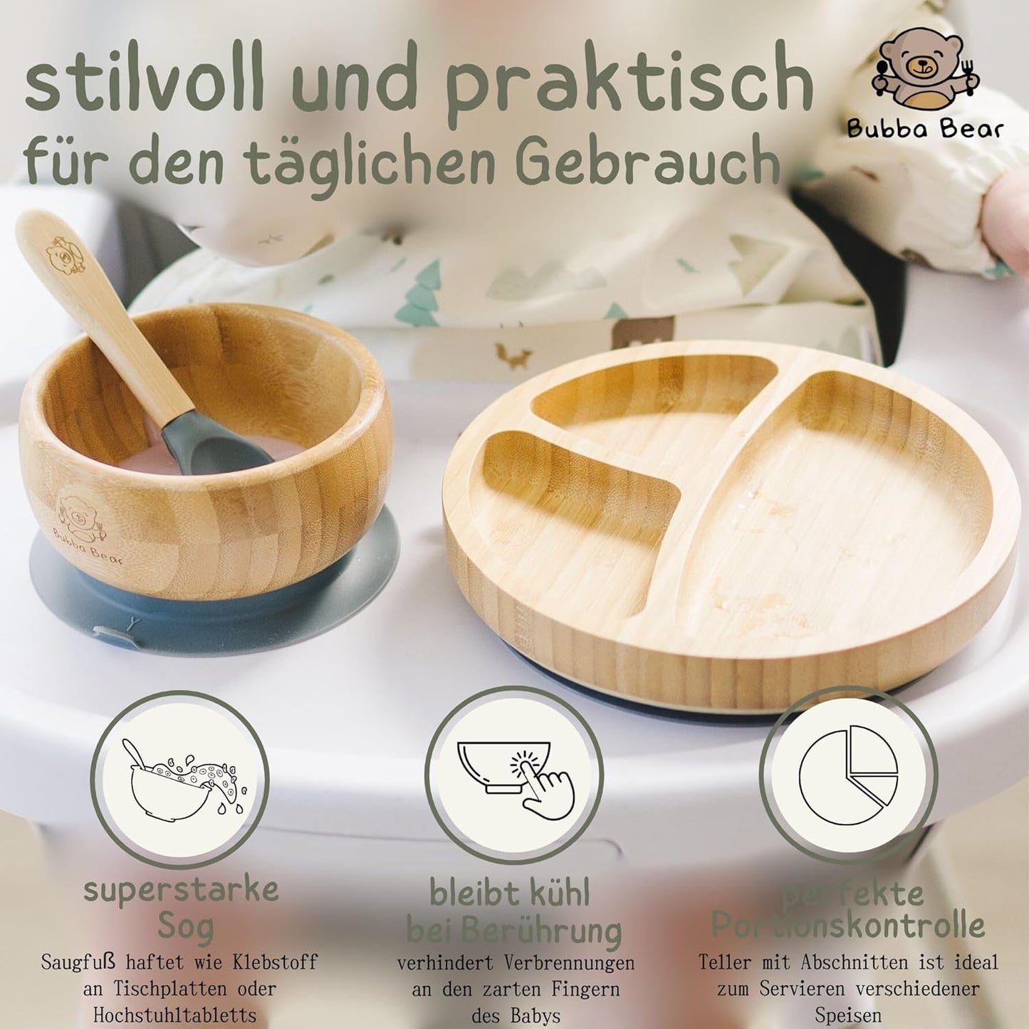 Baby Fütterungsset mit Saugnapf-Schüsseln und Löffel, Blau