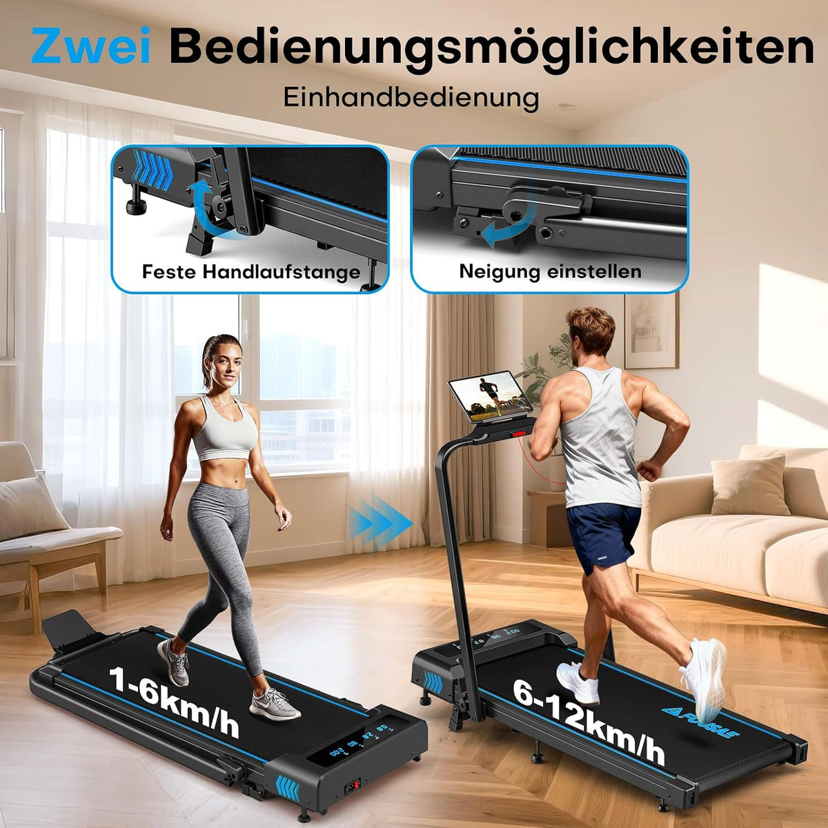 5-in-1 Klappbares Laufband mit Steigung und App-Anbindung, Schwarz-blau