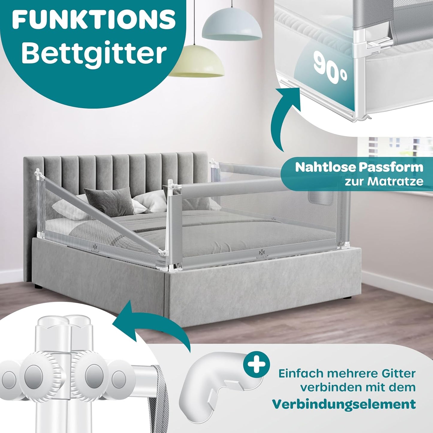 Bettschutzgitter klappbar & höhenverstellbar 180 cm, Hellgrau 180cm