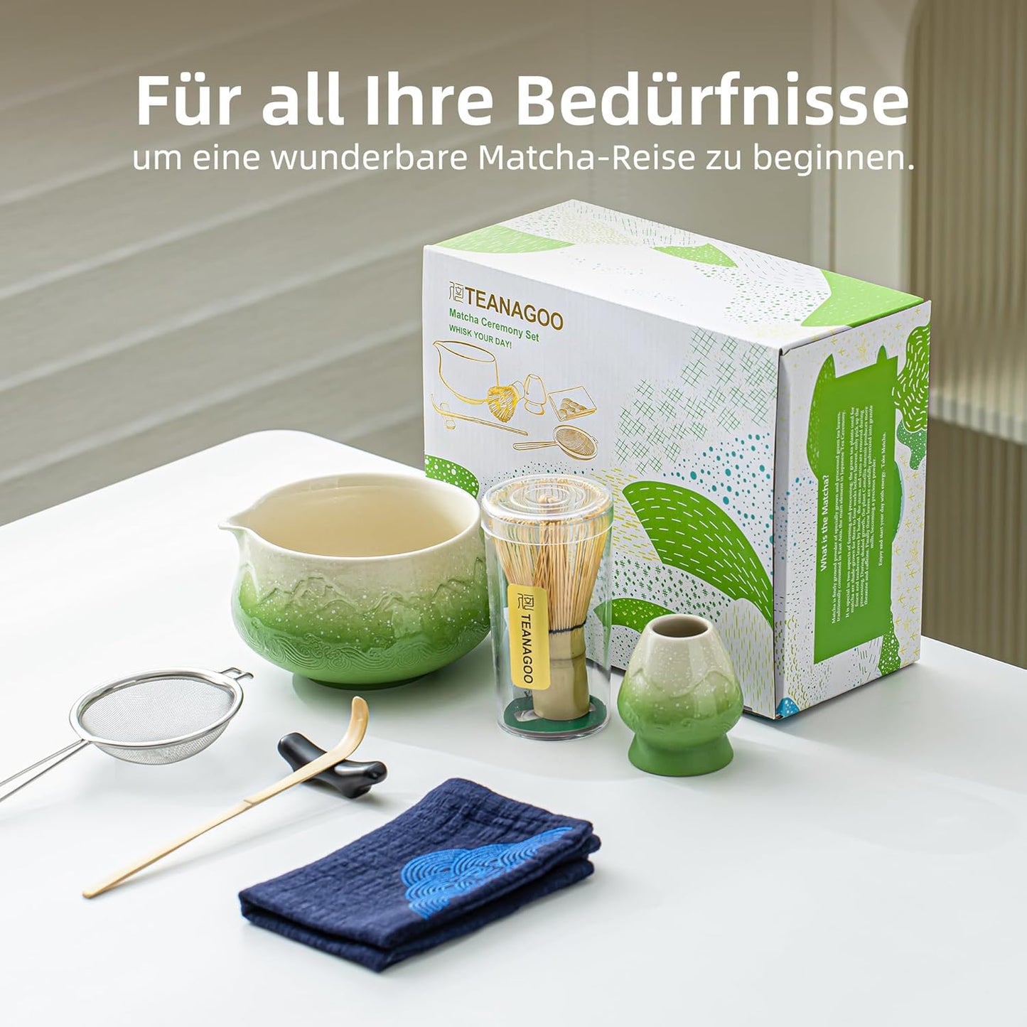 7-teiliges Matcha Tee-Set, 7Stück/Set, Schüssel mit Ausgießer Farbverlauf Grün