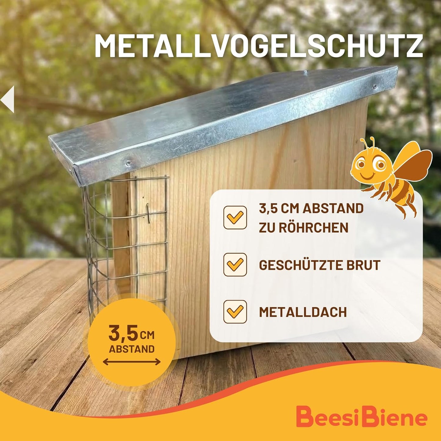 Bienenhotel mit Metalldach & Schutzgitter, Bambus & Schilf + Metalldach
