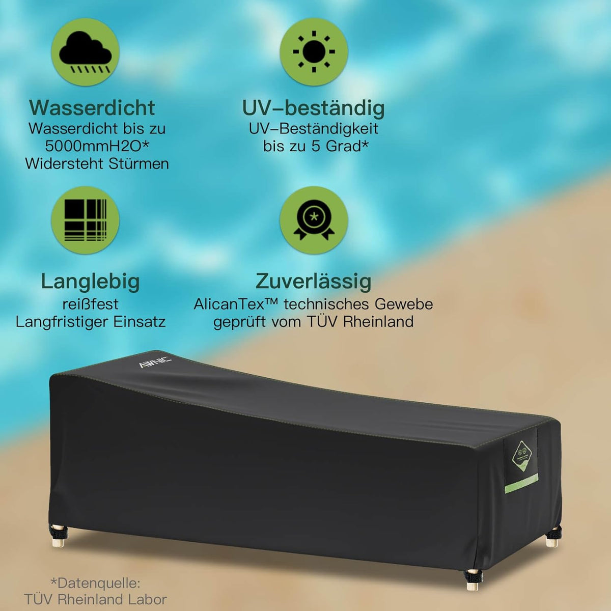 Gartenliege Abdeckung Wasserdicht & Reissfest, Schwarz 200x75x40/70cm 1