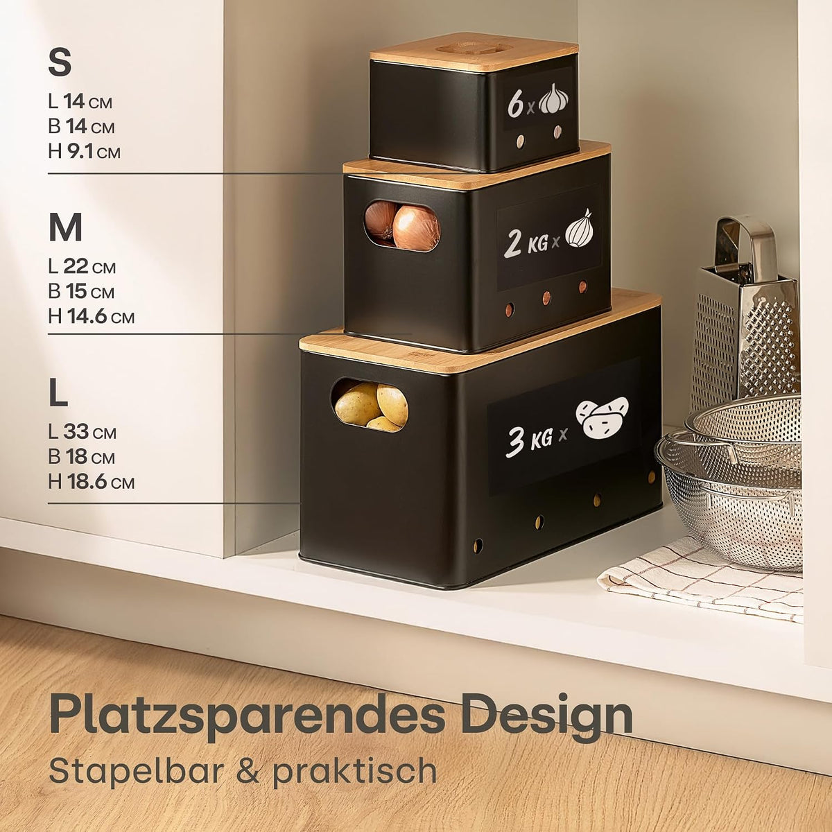 Kartoffel-, Knoblauch- und Zwiebel-Aufbewahrungsboxen-Set, 3-teilig