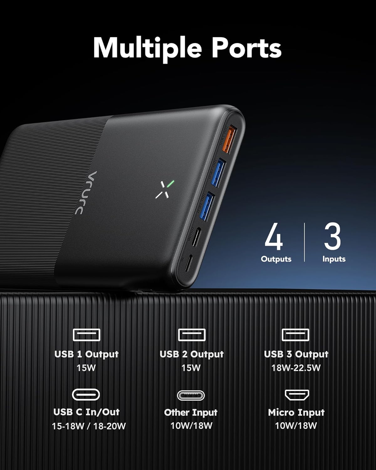 Powerbank 30000mAh, 22.5W, 4 Ausgänge, 3 Eingänge