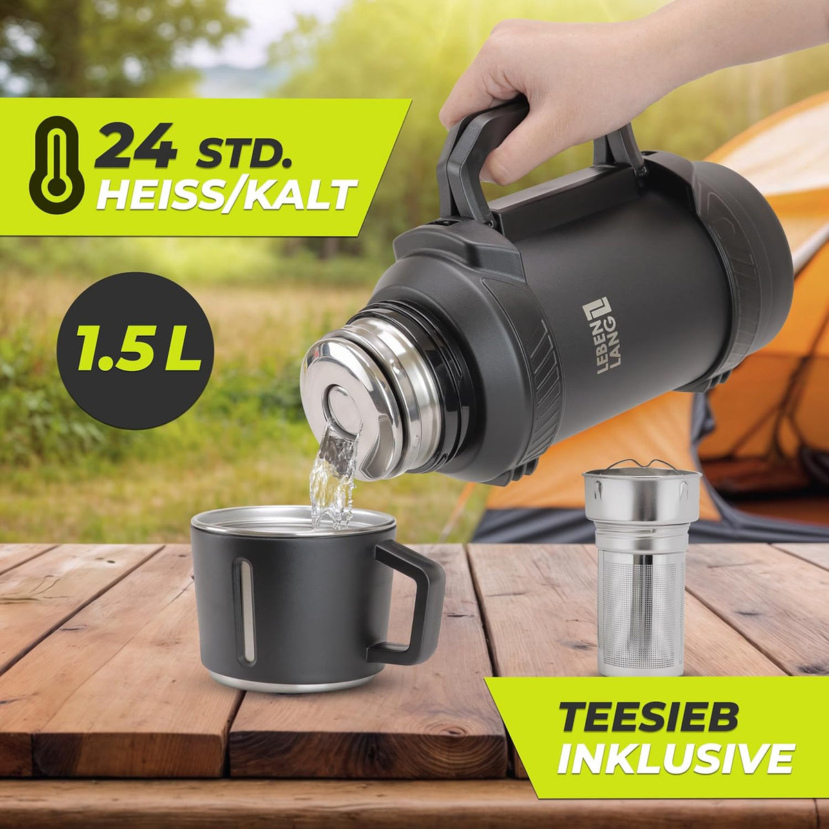 Thermosflasche mit Becher, Teesieb und Tragegurt, 1500 ml