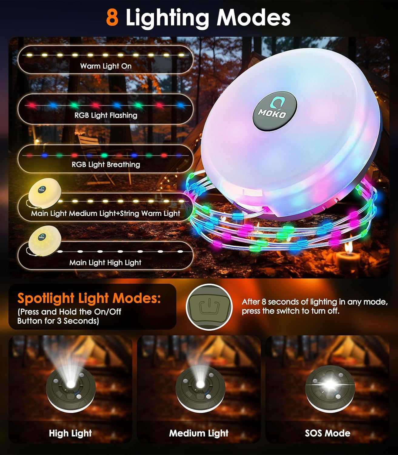 Aufrollbare Camping-LED-Lichterkette, Farbe & Wärme