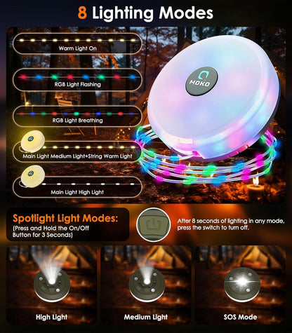 Aufrollbare Camping-LED-Lichterkette, Farbe & Wärme