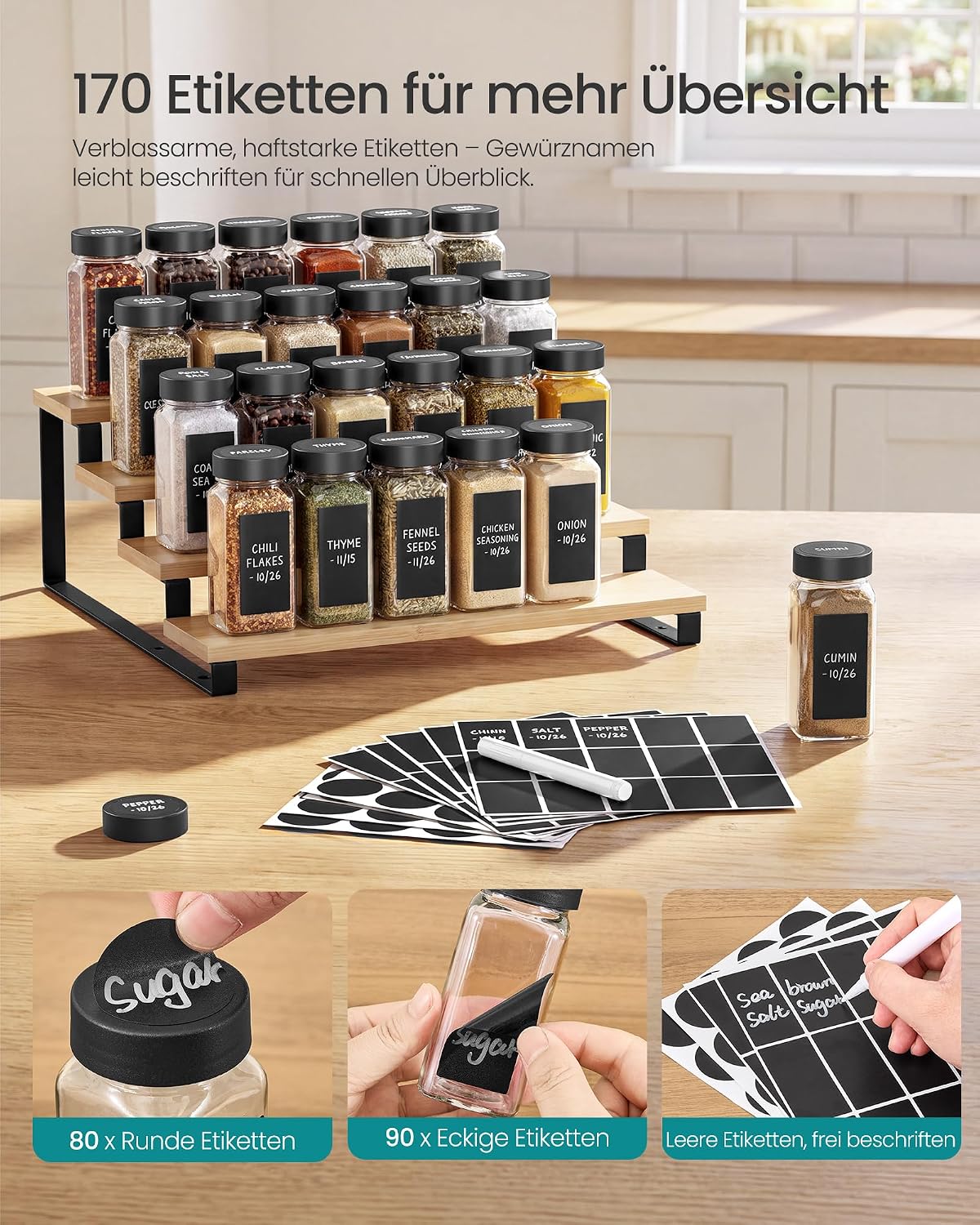 24-teiliges Gewürzgläser-Set mit Streueinsatz, Schwarz 24 Set