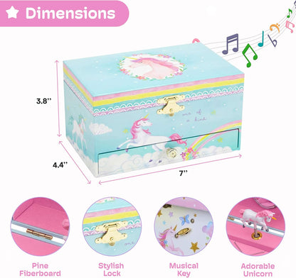 Einhorn-Spieluhr & Schmuckkästchen für Mädchen, Einhorn Blau mit Regenbogen
