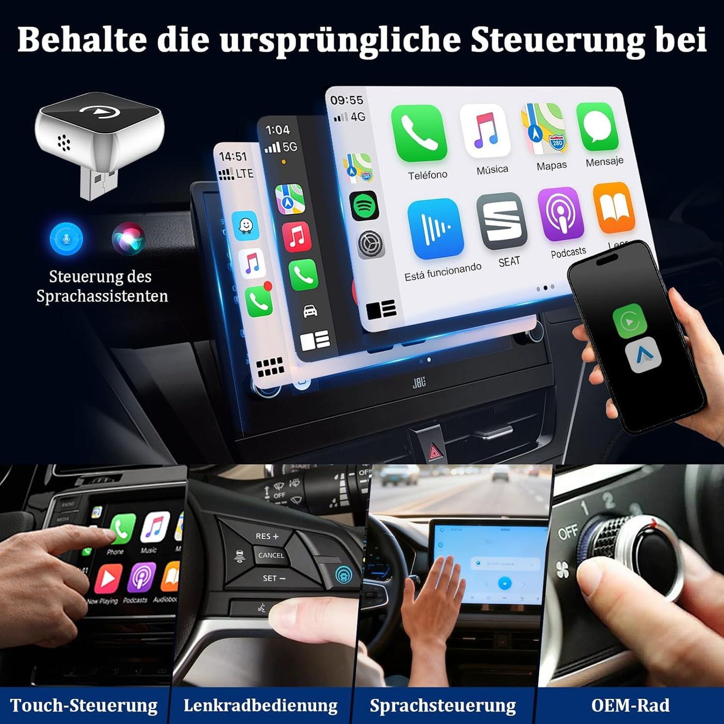 2-in-1 Carplay & Android Auto Wireless Adapter, Tiefschwarz