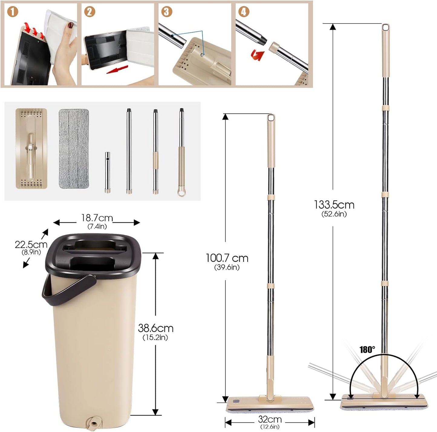 Wischmopp Set, Wischmopp Set mit Eimer: Beige