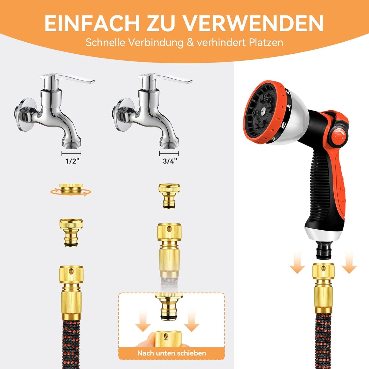 Flexibler Gartenschlauch, knickfrei & strapazierfähig, 30M/100FT Schwarz-orange