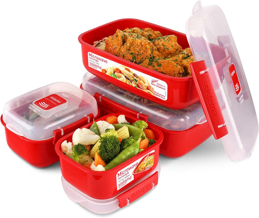 Microwave-Heat & Eat Frischhaltedosen Set, 2x 1.25 Litre + 2x 525 ml Rot
