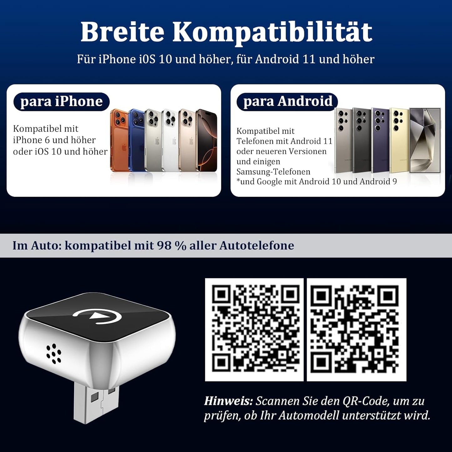 2-in-1 Carplay & Android Auto Wireless Adapter, Tiefschwarz