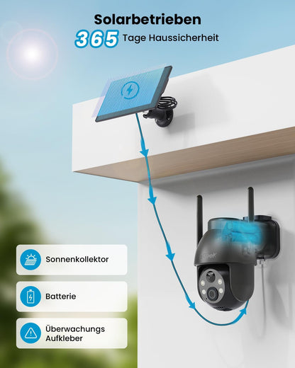 2K 360° PTZ Überwachungskamera mit Solarbetrieb, Bewegungsmelder, Farb-Nachtsicht, 2-Wege-Audio, Schwarze
