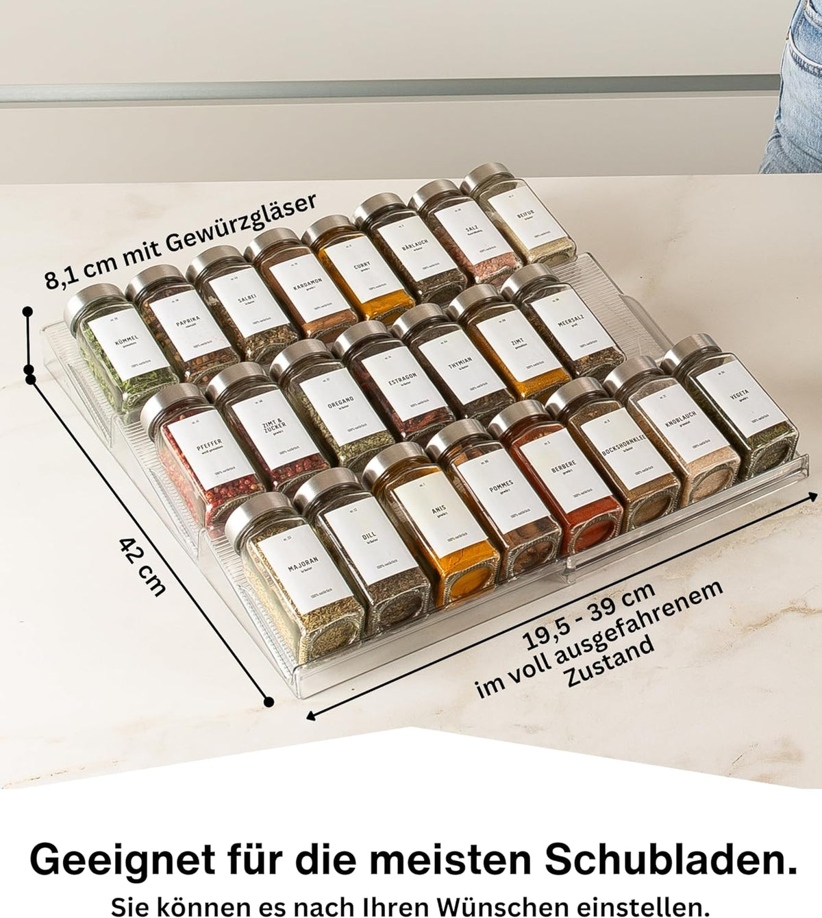 Gewürzgläser-Set mit Schubladeneinsatz, 24 Stk, ausziehbar, Chrom, Deckel Edelstahl