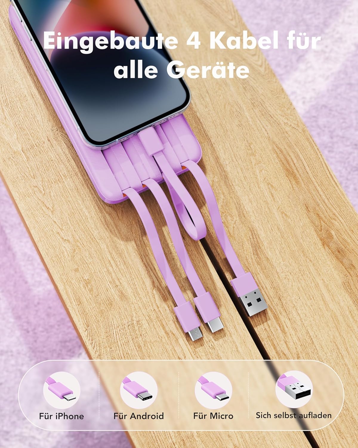 Powerbank mit 3 verschiedenen Ausgangskabeln, 20000mAh Lila