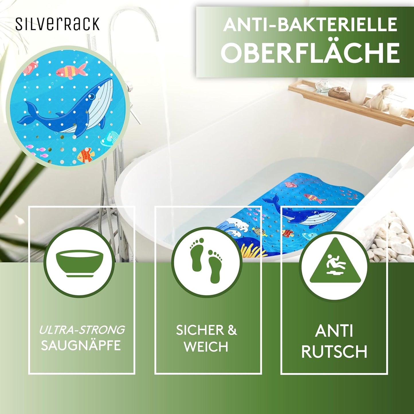 Antirutsch-Badewannenmatte für Kinder, Z 2 Kinder Wal Welle 100 x 40 cm (Rechteckig)