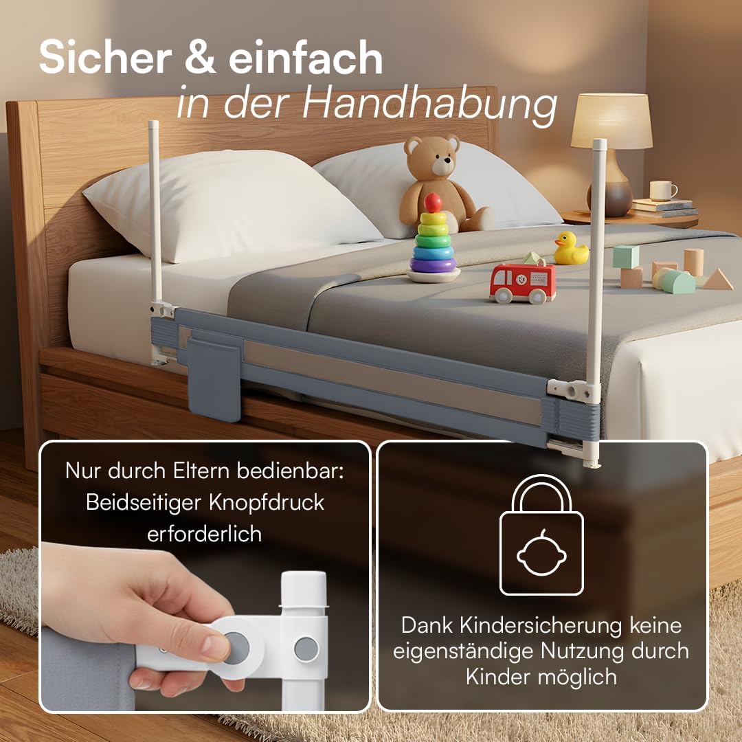 Rausfallschutz Bettgitter höhenverstellbar 180 cm, Hellgrau - mit Gurt 180 cm